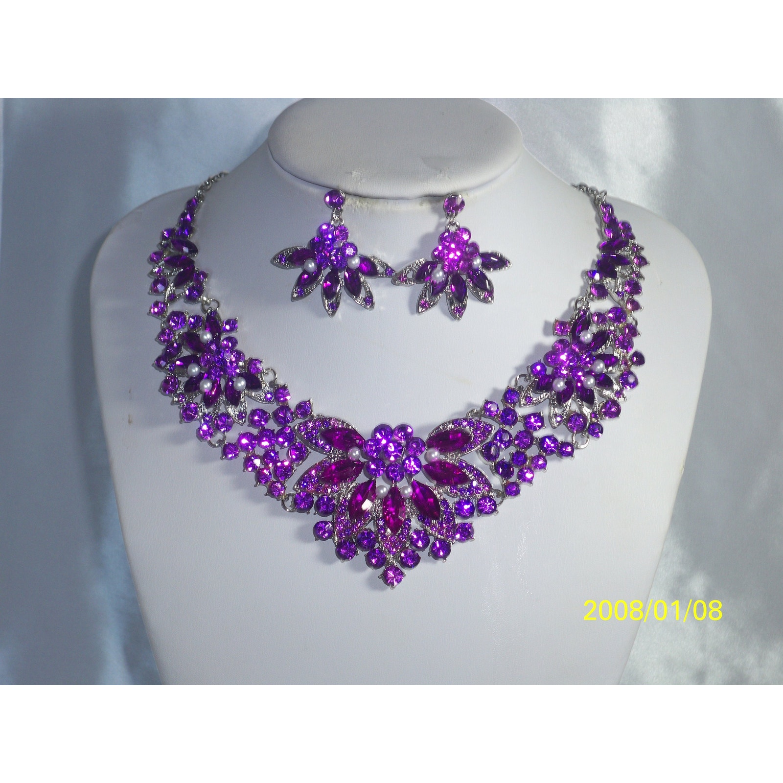 Purple Rhinestone Necklace Set, Statement Wedding Bridal Mob Party Prom Necklace